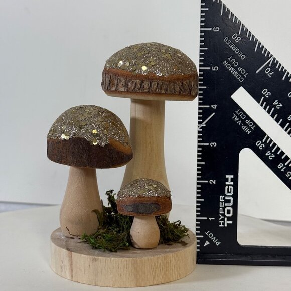 Retro Style Mushroom Figurine Set Golden Glitter Cap Fairy Garden Wood Resin - Picture 7 of 14